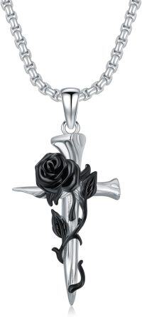 wholesale 925 Sterling Silver Gothic Rose Cross Necklace with Black Plating and -D.Nail Cross(Rose)