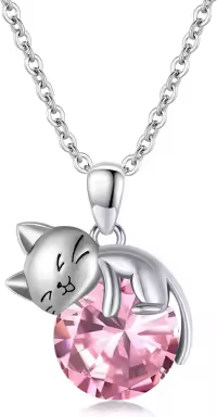 wholesale  Sterling Silver Birthstone Cat Pendant Necklace Gift for Women ( chars)-October
