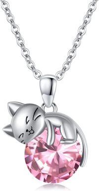 wholesale 925 Sterling Silver Cat Mom Baby Sleeping With Yellow Crystal Pendant Necklace-October