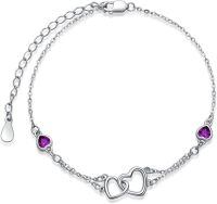 wholesale Sterling Silver Cubic Zirconia Double Heart Chain Jewelry for Women-Anklet 9''-11''-02 Feb - Amethyst-White Gold