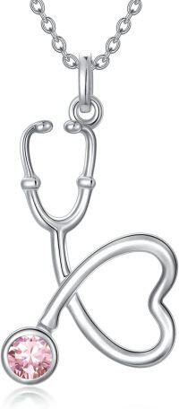 wholesale 925 Sterling Silver Clear Birthstone Heart Stethoscope Pendant Necklace for Nurse-10-October-Simulated Tourmaline