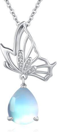 wholesale 925 Sterling Silver Blue Opal Teardrop Pendant Butterfly Necklace for Women Gifts for Her Valentines Day Christmas Jewelry-D-Moonstone-Silver