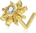 wholesale 14k Solid Yellow Gold Sunflower Shaped Moissanite L-Shaped Nose Ring 20 Gauge-0-0