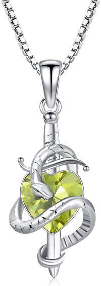 wholesale 925 Sterling Silver Birthstone Snake Sword Pendant Necklace for Women-925 Silver#08-August-Peridot