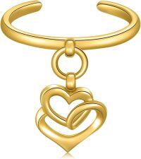 wholesale 14K Gold Adjustable Open Toe Cuff Ring for Women Dangle Heart Leaf-C- Double Open Heart Style