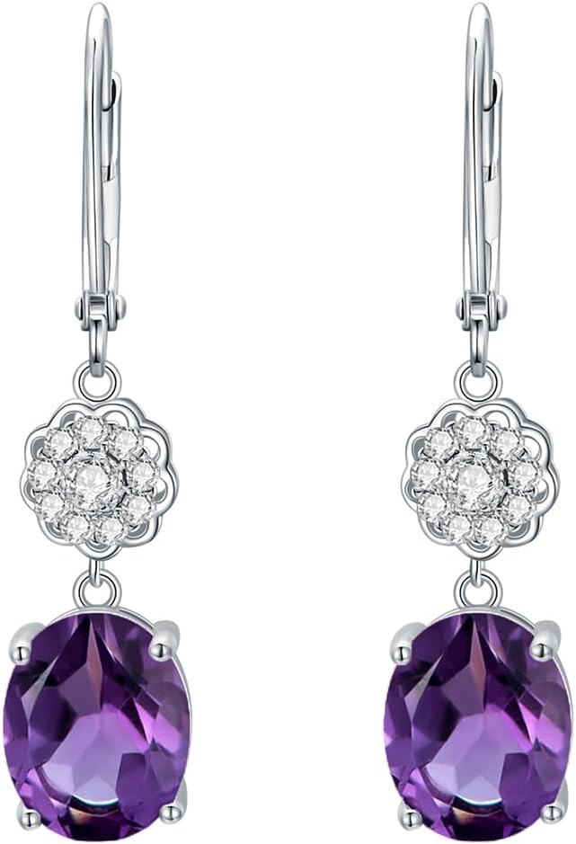 Sterling Silver 3ct Genuine Gemstone 10x8mm Oval Birthstone Drop Earrings-Amethyst
