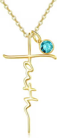 wholesale Sterling Silver Birthstone Faith Cross Pendant Necklace for Women-Gold-Blue Topaz-Gold-Blue Topaz