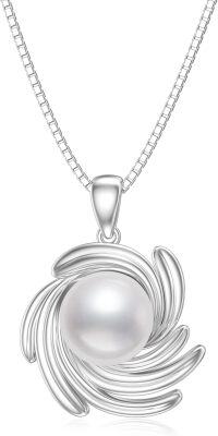 wholesale 925 Sterling Silver AAA+ White Freshwater Pearl Spiral Design Pendant Necklace-9MM Pearl