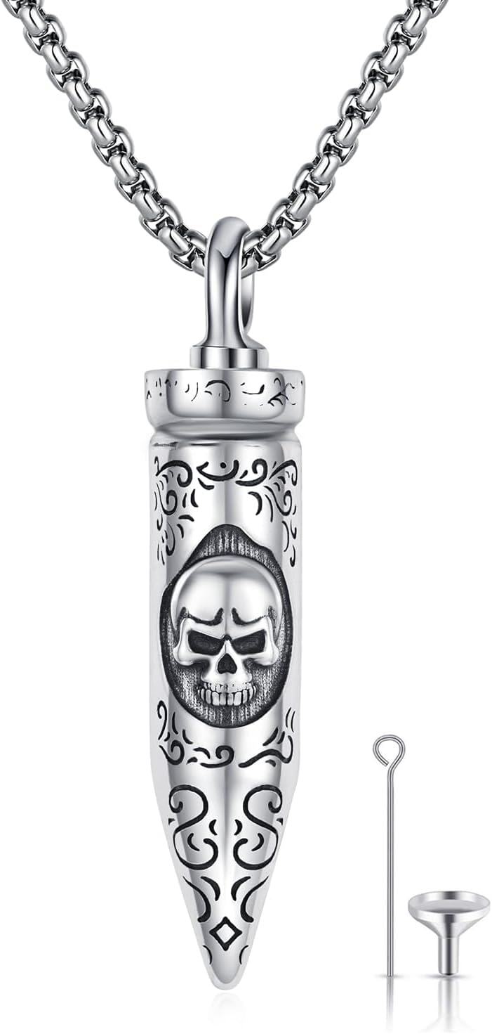 Sterling Silver Bullet Hourglass Cylinder Urn Cremation Keepsake Pendant-01- Bullet Skull Urn