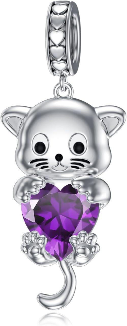 Silver Birthstone Cat Charm Bead Gift for Women-Amethyst