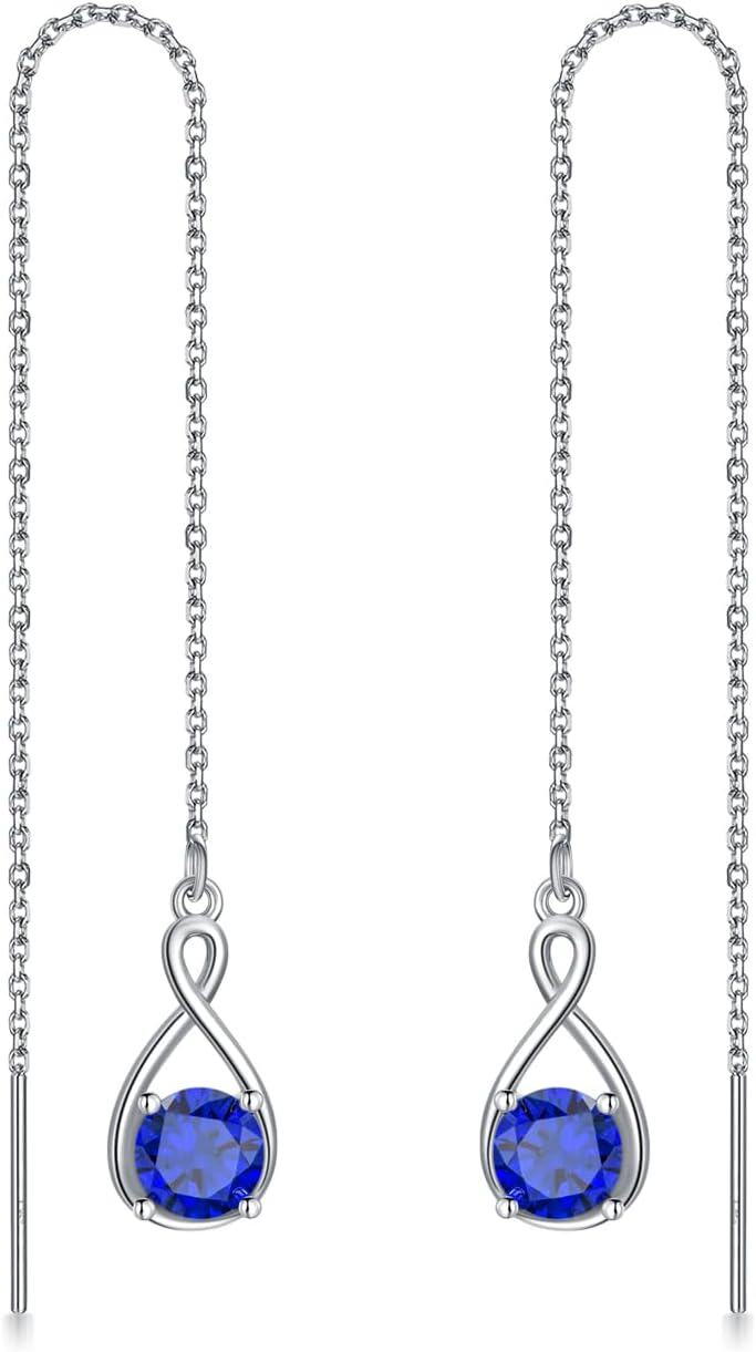  Sterling Silver Birthstone Threader Earrings Infinity Long Chain Drop Pull Through 12 Stone Birthday Jewelry Gifts for Women -0-1