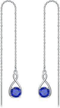 wholesale 925 Sterling Silver Birthstone Threader Earrings Infinity Long Chain Drop Pull Through 12 Stone Birthday Jewelry Gifts for Women-09-Sep-Sapphire