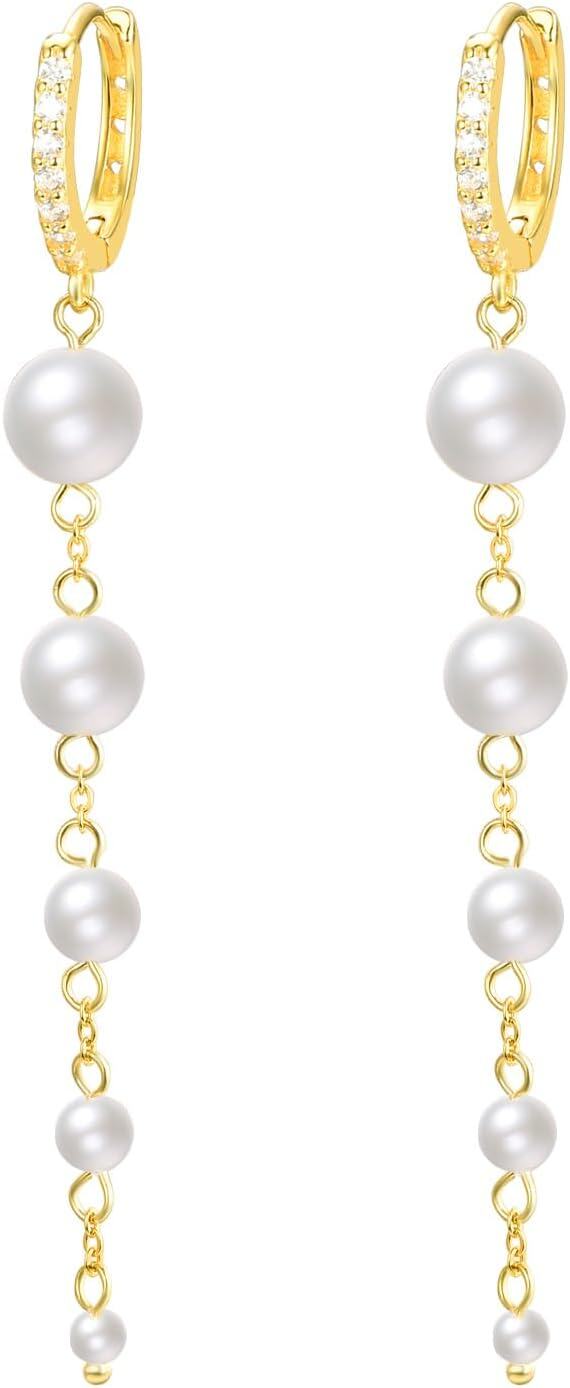 wholesale Gold 925 Sterling Silver Pearl Drop Earrings with Cubic Zirconia Accents for Women-0-0