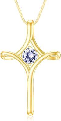 wholesale  Sterling Silver Birthstone Cross Necklace for Women Fine Jewelry Gift -04-Synthetic Diamond-April-Gold