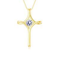 wholesale 925 Sterling Silver Birthstone Cross Necklace for Women Fine Jewelry Gift-04-Synthetic Diamond-April-Gold