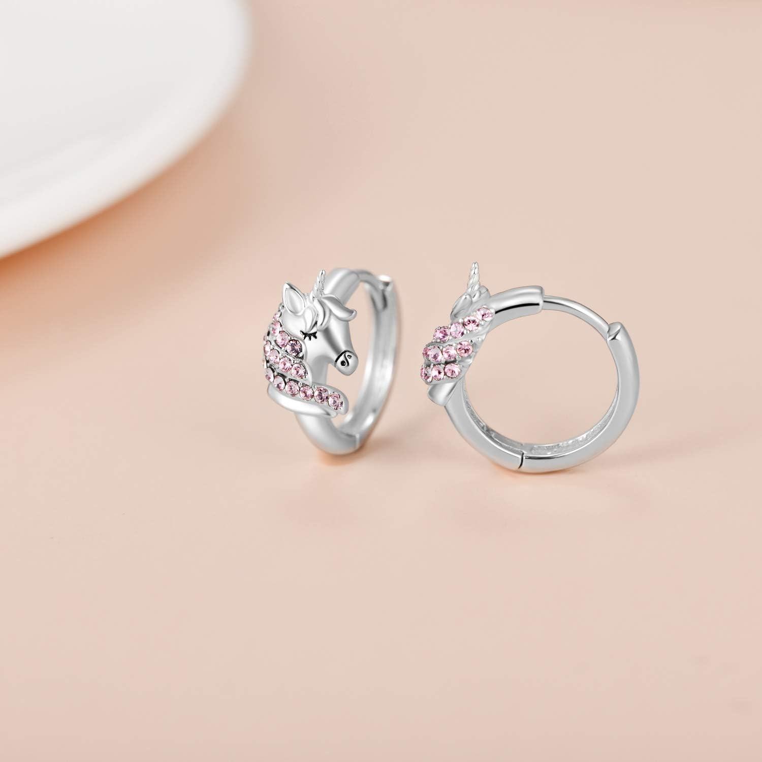 wholesale 925 Sterling Silver Pink Crystal Unicorn Huggie Hoop Earrings for Girls and Women's Gifts-0-2