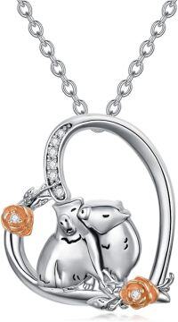 wholesale 925 Sterling Silver Owl Family with Rose Flower Charm Pendant Necklace Gifts for Women-Capybara Couple