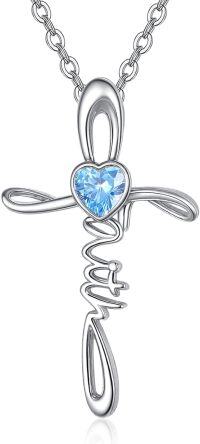wholesale Sterling Silver Simulated Gemstone Faith Cross Birthstone Necklace for Women Christian Gifts-03-Aquamarine