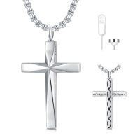 wholesale 925 Sterling Silver Cremation Memorial Cross Urn Pendant Necklace  for Men & Women w/ Gift Box and Funnel - Customizable Text on Back-A 24+2 Inches