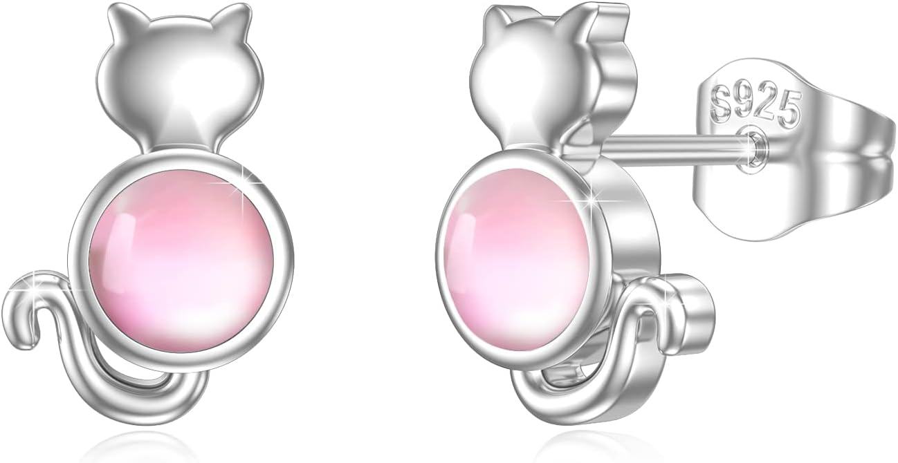 925 Sterling Silver Pink Cat Stud Earrings-0-0