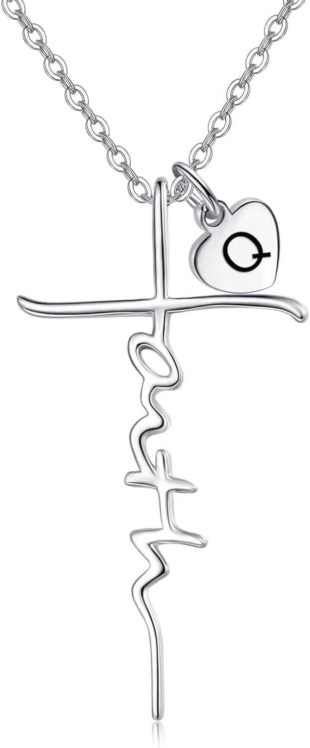 Sterling Silver Birthstone Faith Cross Pendant Necklace for Women-Q-Q