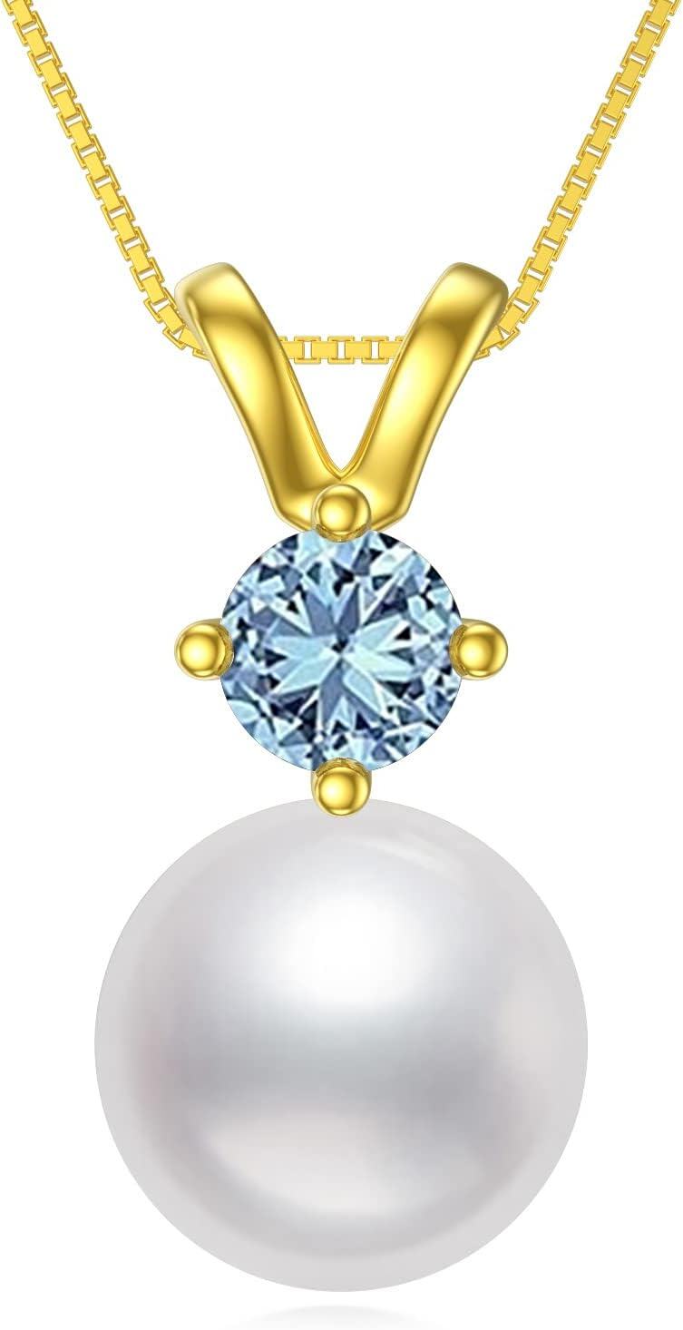  Sterling Silver Gold Plated Pearl Birthstone Necklace for Women -3-Mar-Aquamarine