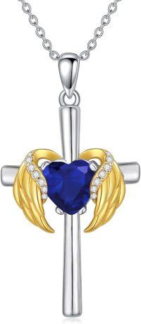 wholesale  Metal Cubic Zirconia Angel Wing Cross Necklace with Heart Birthstone 0 06cttw -09.Sapphire-Sep