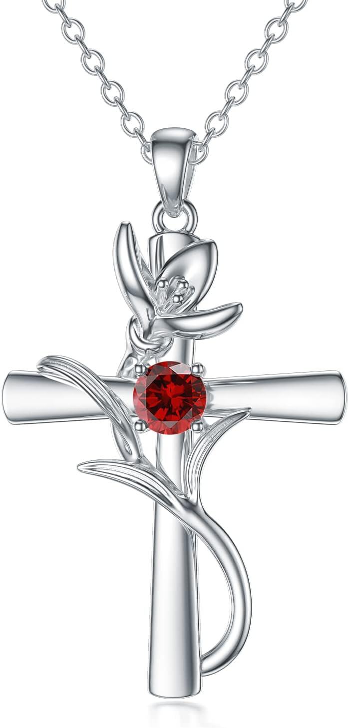 Sterling Silver 12 Birthstone Flower Pendant Necklace for Women-1-January-Snowdrop