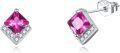wholesale  Sterling Silver Cubic Zirconia Crystal Birthstone Stud Earrings - 7.8mm Pink Square Design for Sensitive Ears-0-0