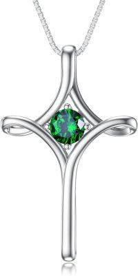 wholesale  Sterling Silver Birthstone Cross Necklace for Women Fine Jewelry Gift -05-Emerald-May