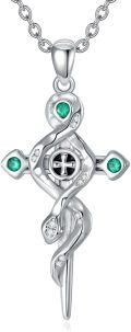 wholesale 925 Sterling Silver Cross with Snake and Emeralds Pendant Necklace for Women Gothic Halloween Jewelry-0-0