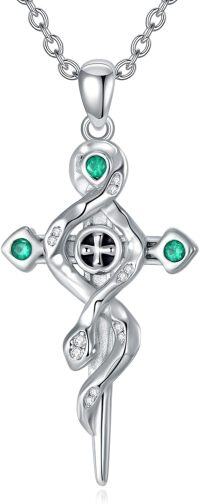 wholesale 925 Sterling Silver Cross with Snake and Emeralds Pendant Necklace for Women Gothic Halloween Jewelry-Snake Sword