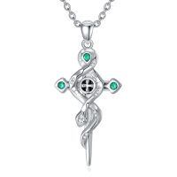 wholesale 925 Sterling Silver Cross with Snake and Emeralds Pendant Necklace for Women Gothic Halloween Jewelry-Snake Sword