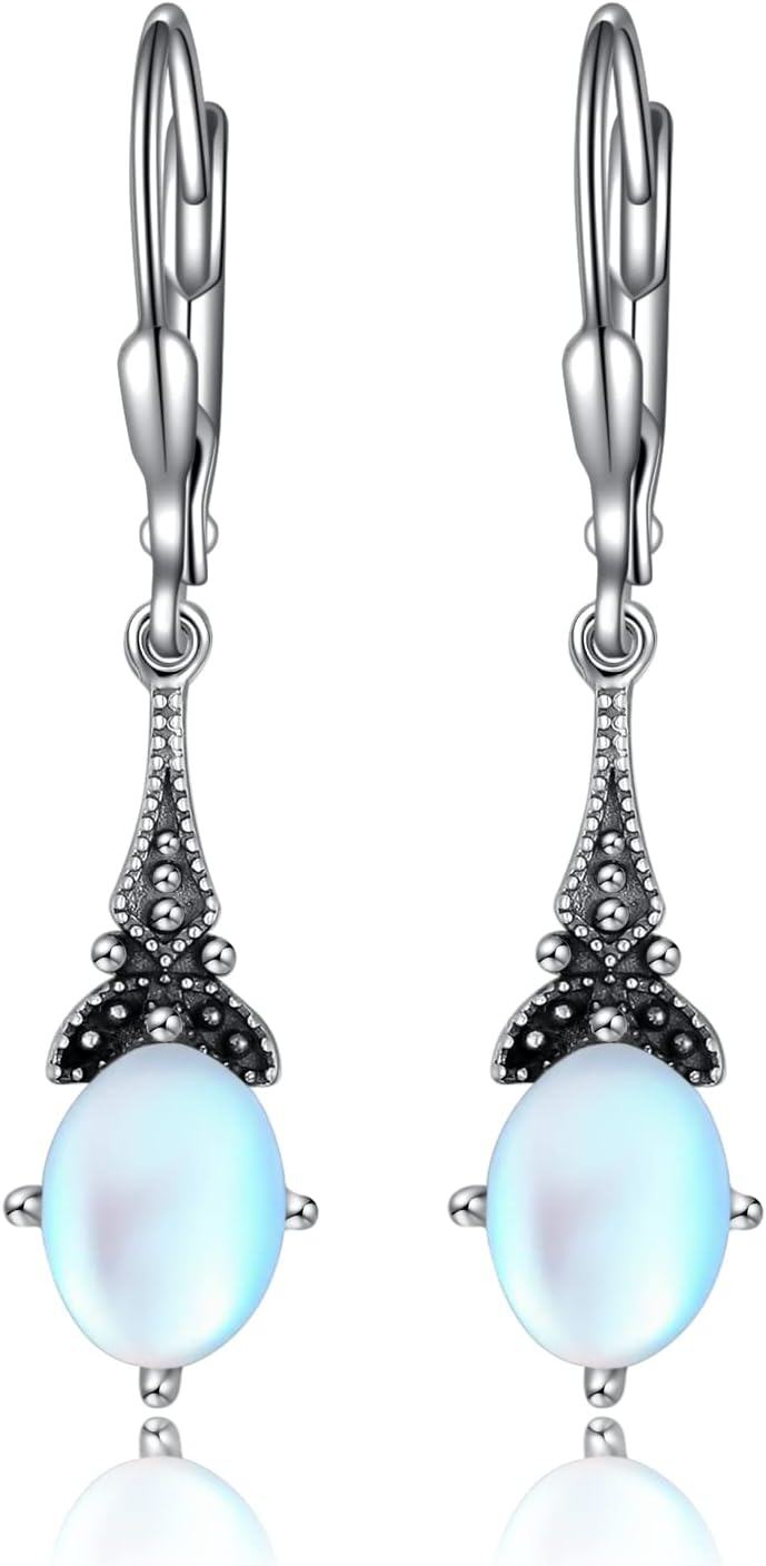 Sterling Silver Austrian Crystal Vintage Drop Dangle Leverback Earrings-Moonstone