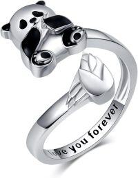 wholesale 925 Sterling Silver Animal Ring Highland Cow Panda Snake Koala Adjustable Open Ring for Women Christmas Birthday Gift-Panda