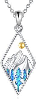 wholesale 925 Sterling Silver Cubic Zirconia-Shaped Mountain and Tree Design with Blue Opal Inlay Pendant Necklace-0-0