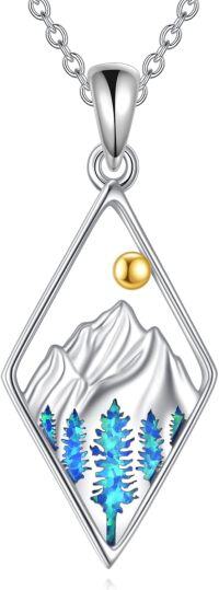 wholesale 925 Sterling Silver Cubic Zirconia-Shaped Mountain and Tree Design with Blue Opal Inlay Pendant Necklace-Mountain