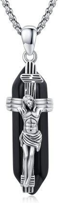 wholesale 925 Sterling Silver Crucifix Cross Jesus Christ Black Onyx Stone Mens Womens Religious Charm Pendant Necklaces 24 Chain-0-0