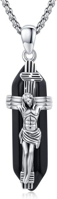 wholesale 925 Sterling Silver Crucifix Cross Jesus Christ Black Onyx Stone Mens Womens Religious Charm Pendant Necklaces 24 Chain-02-Saint Jesus(healing crystal)