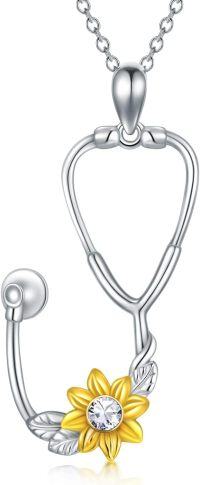 wholesale 925 Sterling Silver Stethoscope with Yellow Flower and Crystal Rhinestone Necklace for Nurses-4-April