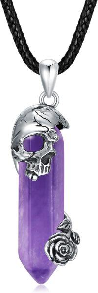wholesale Sterling Silver Black Quartz Skull Rose Pendant Necklace-B-Amethyst