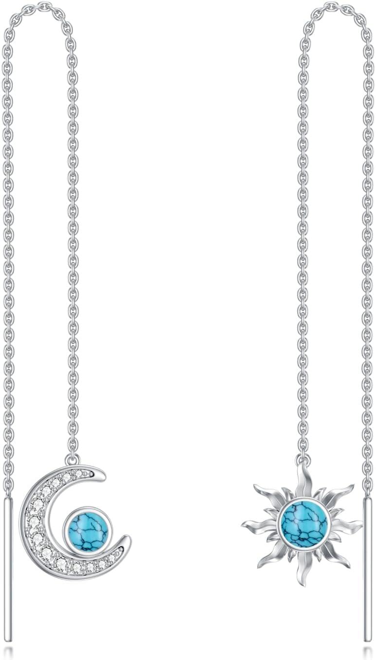 925 Sterling Silver Turquoise Sun & Moon Threader Dangle Earrings-0-0