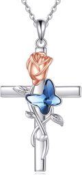 wholesale 925 Sterling Silver Blue Crystal Rose Cross Memorial Keepsake Pendant Necklace for Women-0-0