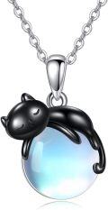 wholesale 925 Sterling Silver Black Cat Necklace with Blue Moonstone Pendant for Women s-0-0