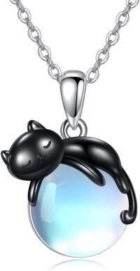 wholesale 925 Sterling Silver Black Cat Necklace with Blue Moonstone Pendant for Women s-undefined