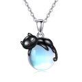 wholesale 925 Sterling Silver Black Cat Sleeping On Rainbow Moonstone Pendant Necklace-0-0
