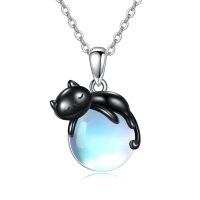 wholesale 925 Sterling Silver Black Cat Sleeping On Rainbow Moonstone Pendant Necklace-undefined