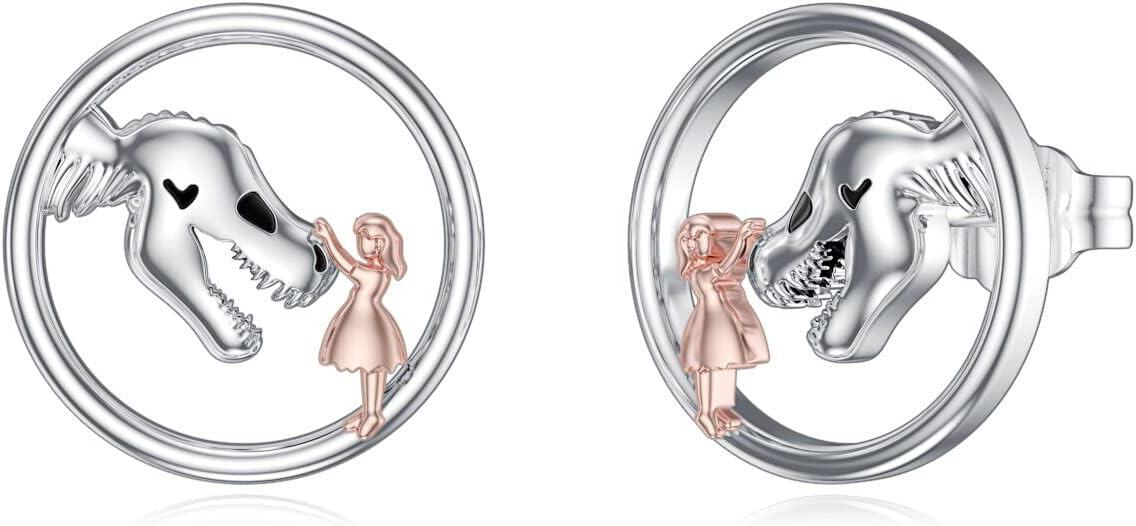 wholesale 925 Sterling Silver Dinosaur Girl Stud Hoop Earrings-0-0