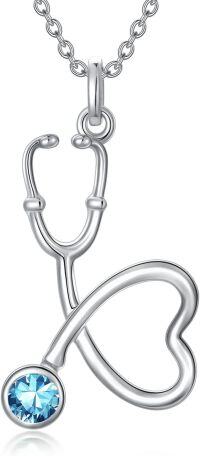 wholesale 925 Sterling Silver Clear Birthstone Heart Stethoscope Pendant Necklace for Nurse-3-March-Swiss Blue Topaz