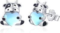 wholesale 925 Sterling Silver Hypoallergenic Cow Heart Stud Earrings - Cute Animal  for Women-Blue-Moonstone